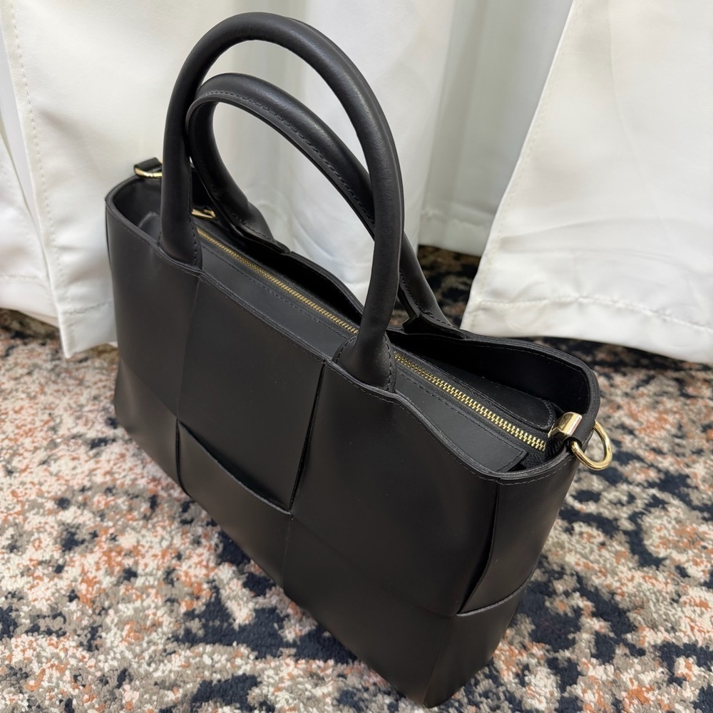 Valentina Fiore Black Smooth Italian Leather Woven Top Handle Satchel Bag - Picture 7 of 16